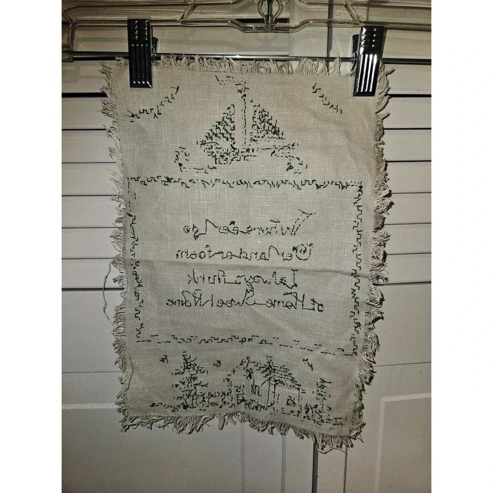 Vintage Handmade Cross Stitch Sampler Home Sweet Home Sailboat Linen Fringed